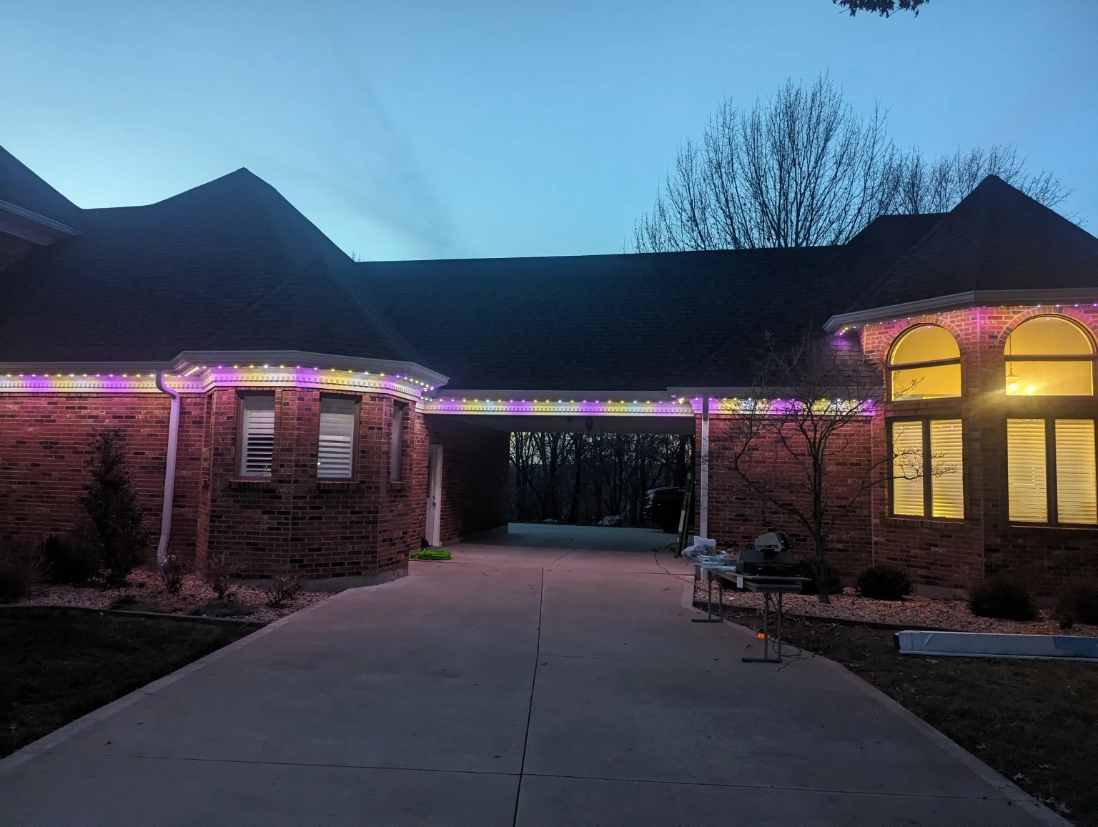 Multicolor lighting on a brick home