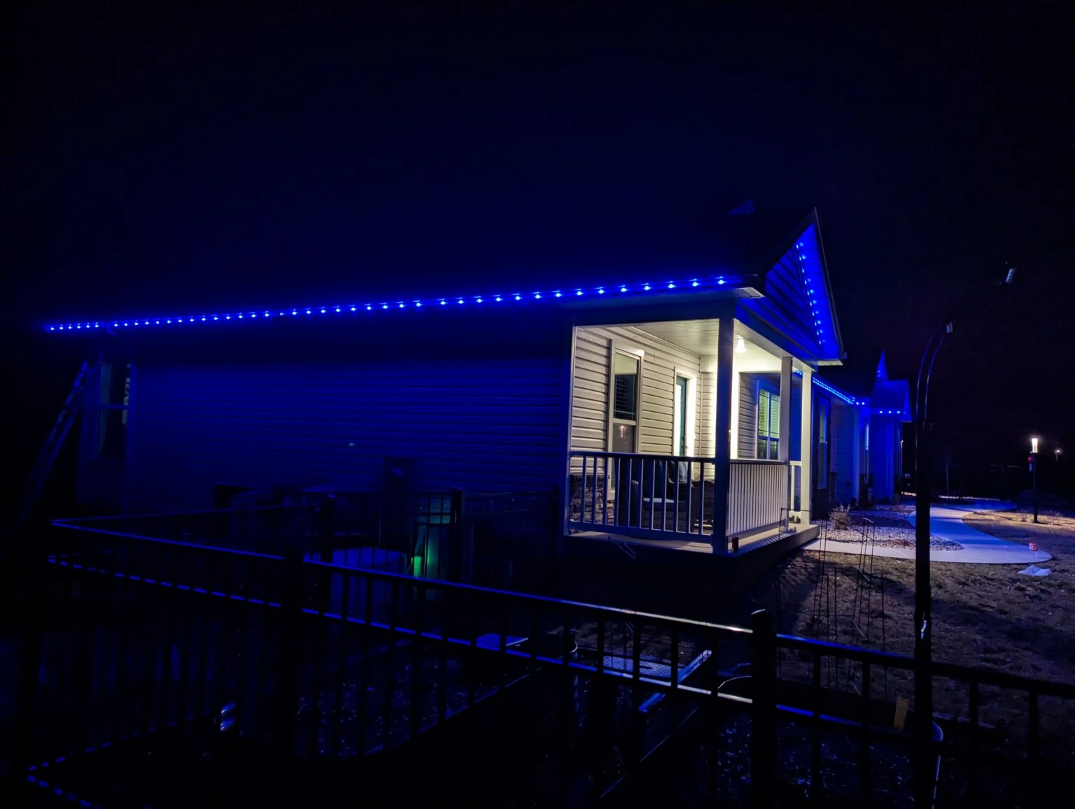 A closer view of lights under the eaves